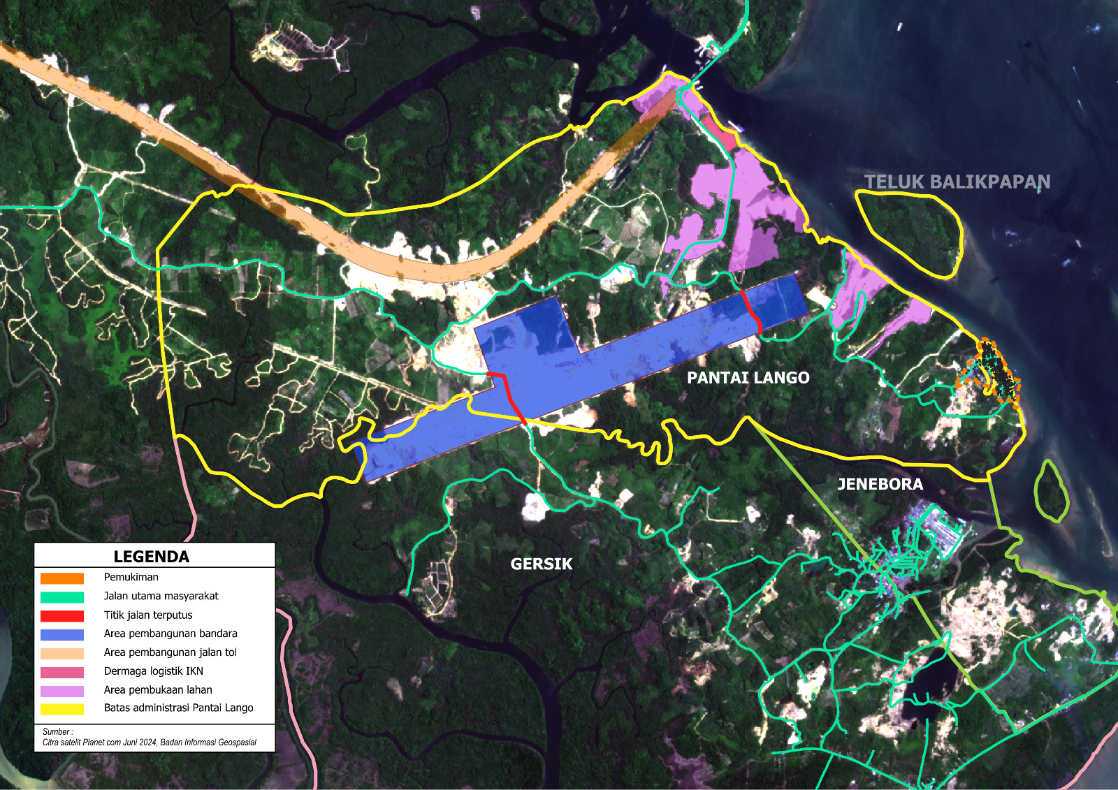 Citra satelit Bandara VVIP IKN dan daerah sekitarnya. Garis kuning menunjukkan satu-satunya jalan darat yang menghubungkan Pantai Lango dengan daerah-daerah sekitarnya. Jalan tersebut masuk dalam area pembangunan bandara. (FOTO: S. Satria)